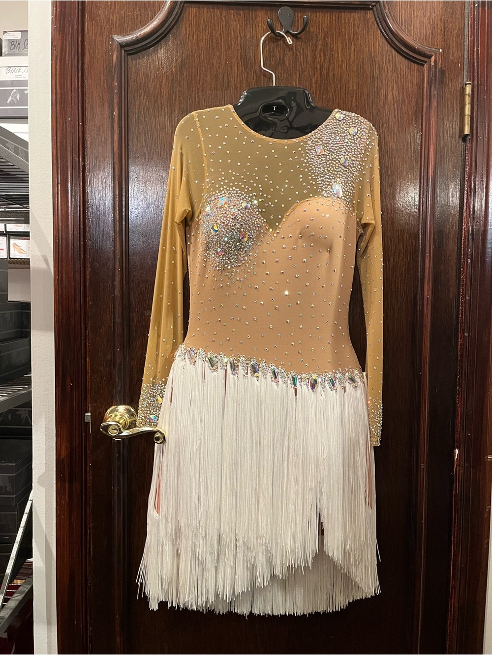 Tan Long-Sleeve Fringe Dance Dress with Crystal Accents